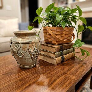 Rustic Stonewear Decorative Vase Metal Grapevine Overlay Artisan Mission Style